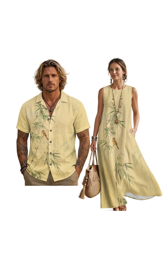 Tree Bird Print Summer Dresses for Women A Line Oversized Asian Style Tank Dress with Pockets Linen-Look Polyester Button-Down Hawaiian Shirts for Men Casual Shirts, Yellow, 2XL