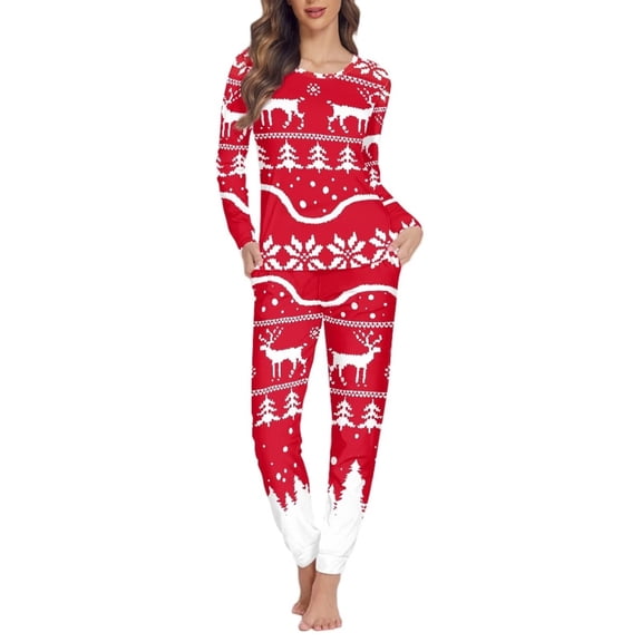 Renewold Trendy Adult Reindeer Snowflake Pajama Set for Women Soft Snug-Fit Sweatshirt 2 Pieces Elastic Christmas Day Relaxed Durable Loungewear Clothes Size 2XL