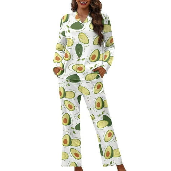 Renewold Trendy Avocado Graphic Pajama Button Down Shirts for Women Size XS 2 Pieces Indoor Comfy Soft Daily Wear Loungewear Snug-Fit Athletic Clothing Nightwear Set