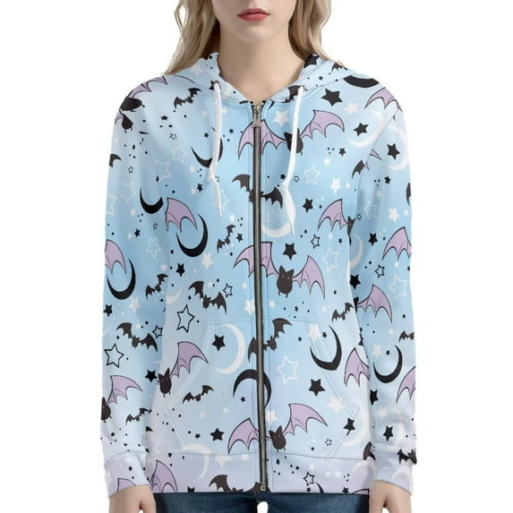Renewold Trendy Zippered Hoodie Women with Big Pocket Stars Bats Long Sleeve Hooded Sweatshirts Size XL Blue Clothes Tracksuit Jacket for Cycling Jogging