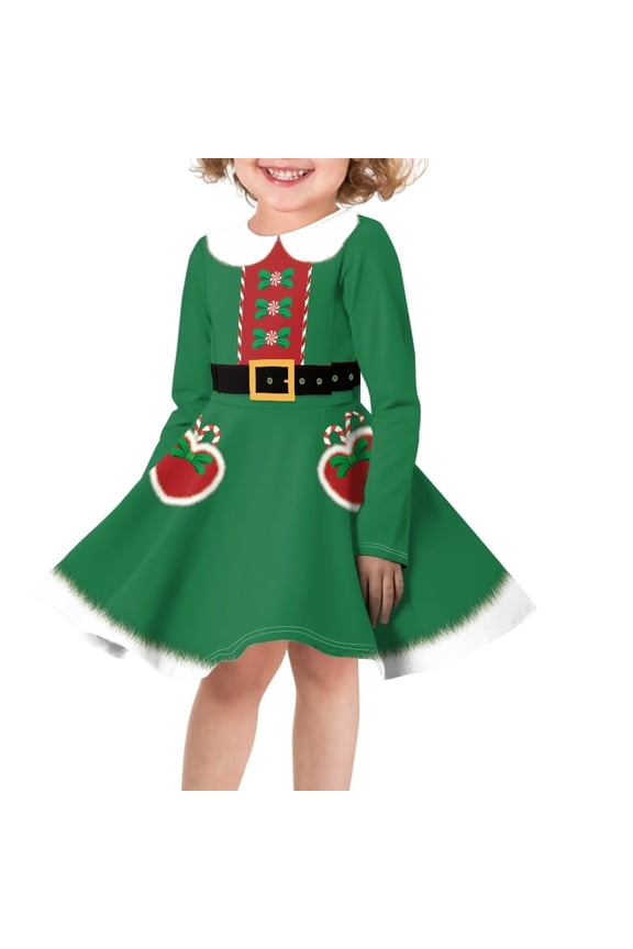 Twirly Cherry Candy Canes Print Casual Party Dress for Kids Girl's Long Sleeve Basic Skater Dress Christmas A-Line Swing Skater Dress Size 3XL
