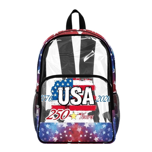Renewold US 250th Anniversary Backpack Large Capacity Laptop Bag 17 Inch See Through Backpack with Side Pockets PVC Bookbag for Concerts Security, Patriotic American Flag Print