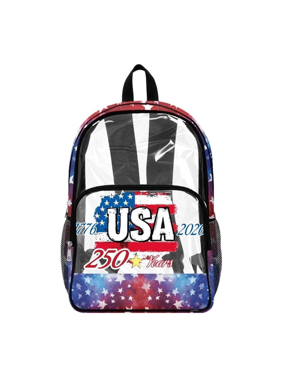 US 250th Anniversary Backpack Large Capacity Laptop Bag 17 Inch See Through Backpack with Side Pockets PVC Bookbag for Concerts Security, Patriotic American Flag Print