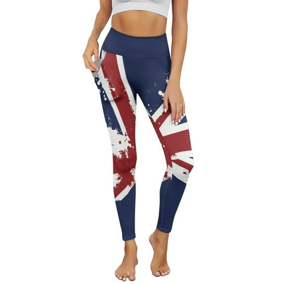 Renewold Union Jack Print Yoga Leggings for Women Yoga Pants with Pockets Athletic Tights Soft Basic Pants Casual Active Yoga Leggings for Workout Sports Disco Party, L