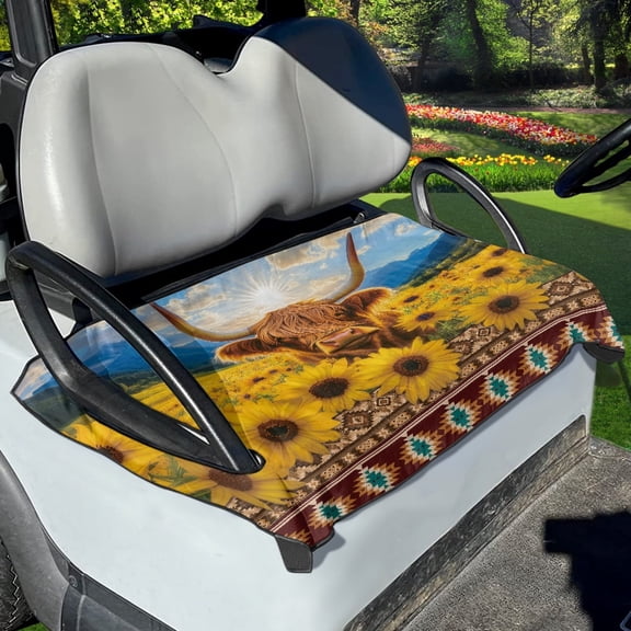 Renewold Universal Golf Cart Seat Cover Comfortable Blanket & Cooling Towel for EZGO Yamaha Club Cars and More 2-Seat Golf Cart, American Tribal Highland Cow Sunflower