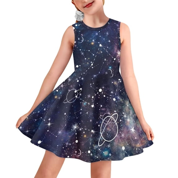 Renewold Universe Planet Tank Midi Dress Trendy Kids Party Dresses Comfortable Crewneck Skater Dress for 3-4 Years Girls Special Occasion Midi Dress