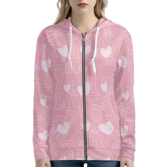 Renewold Valentine's Day Full Zip Hoodie for Women Pink Hearts Sweatshirt Jacket Love Graphic Hoody T-shirt for Club, Shopping, Exercise Wear Size S