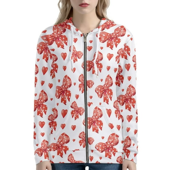 Renewold Valentine's Day Full Zip Up Hoodie for Shopping Vacation Red Bow Crewneck Sweatshirt Gym Workout Clothing Recreation Jackets Tracksuit Size XS
