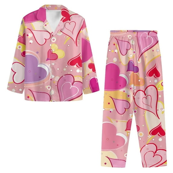 Renewold Valentine's Day Pajamas for Women 2 Pieces Colorful Hearts Long Sleeve Button Down Sleepwear Set Soft Snug-Fit Loungewear Top & Pants Size M