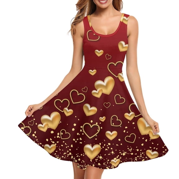 Renewold Valentine's Day Red Tank Dresses for Women Gold Hearts Sleeveless Knee Length Jumpskirt Casual Party Twirly Dress Special Occasion Daily Midi Dress Size L