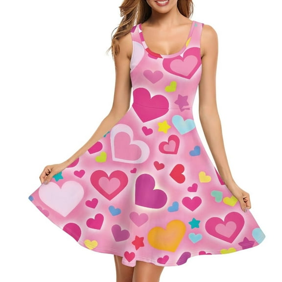 Renewold Valentine's Day Tank Dress with Pockets Colorful Hearts Sleeveless Dress Flared Dres for Women Size 4XL Soft Swing Skater A-Line Tunic Dress, Pink