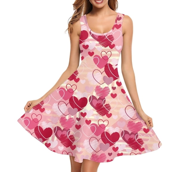 Renewold Valentine's Day Tank Dress for Women Pink Hearts Sleeveless Dresses Casual A-Line Dress with Pockets Skin Friendly High Waistline Sundress Size XS