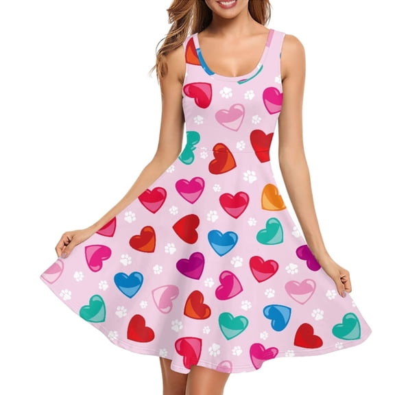 Renewold Valentine's Day Tank Dress with Pockets Colorful Hearts Sleeveless Dress for Women Fashion Flowy Swing Shift Dresses A Line Sundress Size XS