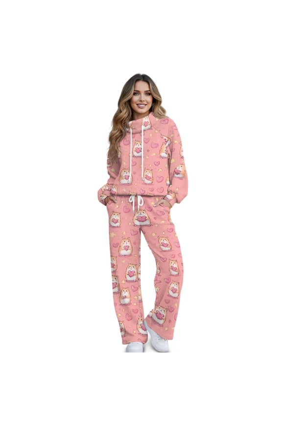 Valentine's Day Track Suits for Women Set Includes Drawstring Wide Leg Pants and Pullover 2 Piece Outfits Tracksuit Lounge Sets Petite for Women, Hamster Heart Star Print Pink, XS