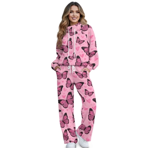 Renewold Valentine's Day Two Piece Lounge Sets for Women Drawstring Wide Leg Sweatpants Long Sleeve Pullover Matching Set Oversized Tracksuit Holiday Outfits, Heart Butterfly Print Pink, L