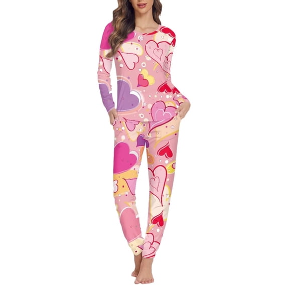 Renewold Valentine's Day Winter Pajama for Women 2pcs Purple Pink Hearts Pullover Tops Sleep Set Size S Comfortable Relaxed Life Loungewear Long Pants with Big Pockets