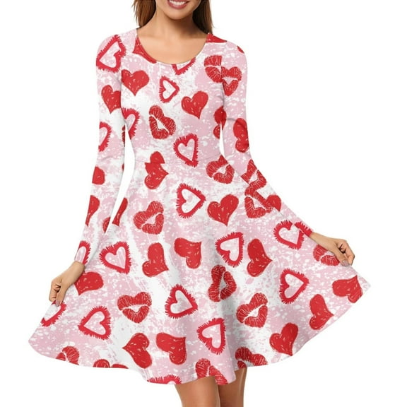 Renewold Valentine's Day Women Long Sleeve Dresses Heart Print Kiss Lips Fall Winter Outdoor Dance Skater Dress Stretchy Comfy Elastic Waist Flared Dress Size L