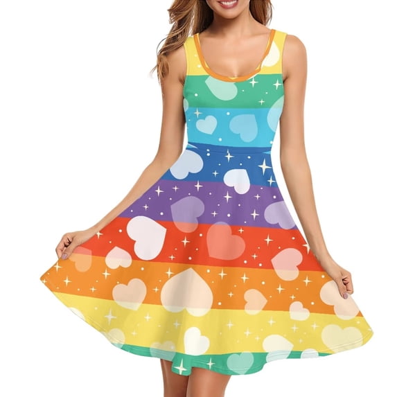 Renewold Valentine's Day Women Tank Dresses with Pockets Rainbow Stripes Hearts Beach Party Mini Sundress Size XS Summer Stretchy Tank Sundress with 2 Side Pockets