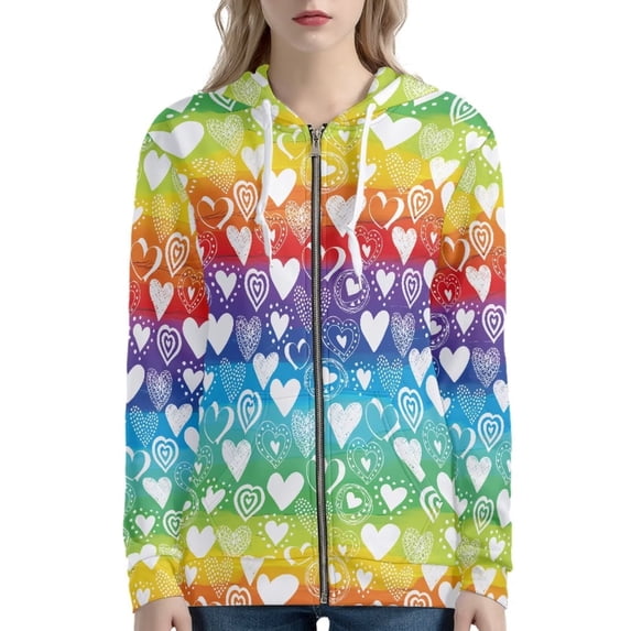 Renewold Valentine's Day Zip Up Hoodies for Club Date Party Rainbow Stripes Heart Fall & Spring Clothing Preppy Recreation Jackets Size S Soft Women Sweatshirts Hoody Top