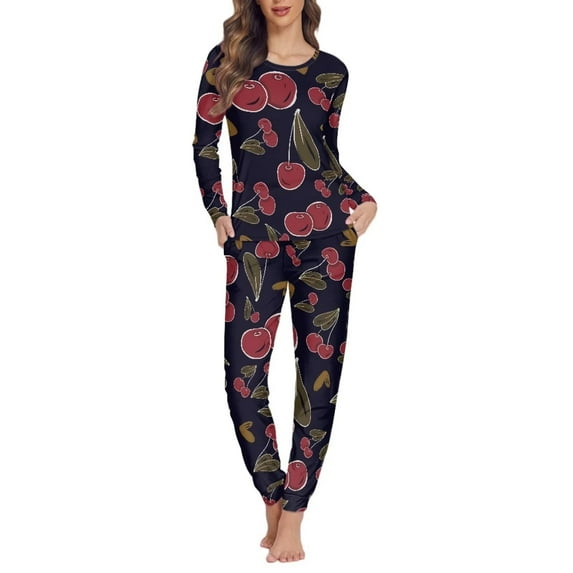 Renewold Vintage Cherries Women Pajama Sets Two-Piece Casual Loose Nightwear Long Sleeve Sleepwear Soft Pj Lounge Sets with Long Pants Size 5XL
