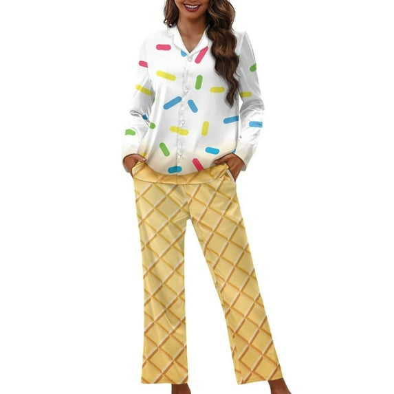 Renewold Waffle Button Nightwear for Women Pajama Set of 2 Breathable Long Sleeve Shirts with Lounge Pants Warmth Sleepwear Pj Lightweight Athletic Clothing Size M