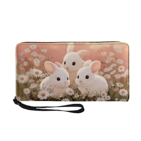Renewold Wallet Purse for Women Soft Purse with Wrist Strap, PU Leather Cash Card Holder for Shopping Travel Beach, Easter Bunny Daisy Pink