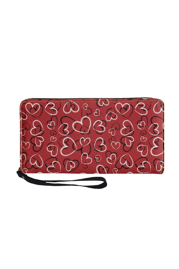 Wallet with Wrist Strap for Women PU Leather Handbag Ladies Long Clutch Cell Phone Case Zipper Closure Card Holder for Valentines Day, Red Heart