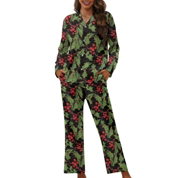 Renewold Warm Nightwear Button Pajama Set Women Casual Loungewear Pjs Christmas Pine Cones Sleepwear 2 Pieces Relaxed Yoga Jogger Athletic Clothing Size M