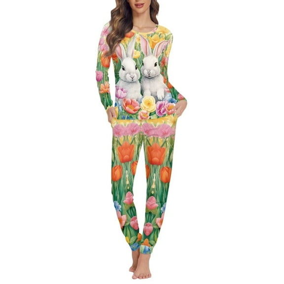 Renewold Warm Pajamas for Women Colorful Floral Rabbit Fall & Winter Clothing Sleepwear Set Size 2XL 2 Pieces Easter Indoor Daily Wear Vacation Party Birthday Gifts