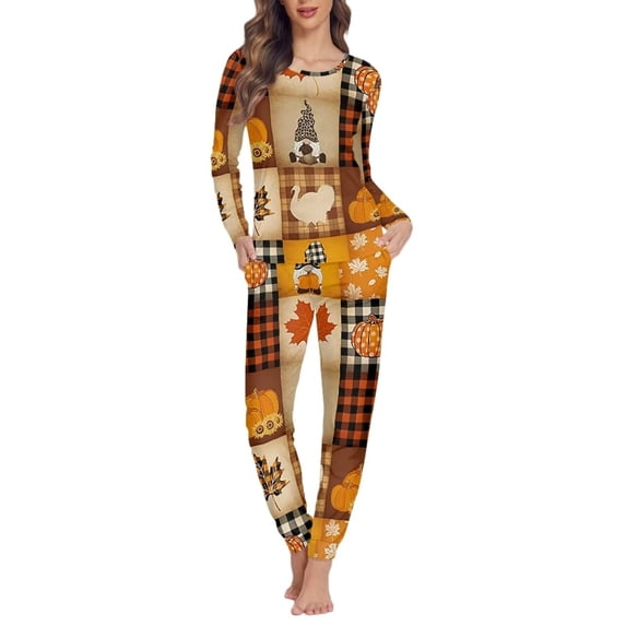 Renewold Warmth Long Sleeve Pajamas Set of 2 Women's Thanksgiving Turkey Pumpkins Loungewear Stylish Athletic Clothing Nightwear for Winter Fall Clothes,Buffalo Grid,Size M