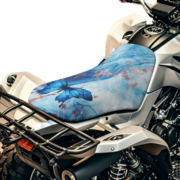 Renewold Waterproof ATV Seat Cover 25.2x10 Inch, Universal 4 Wheeler Seat Cover ATV Accessories Stretch Fit for Honda TRX250X/EX, Kawasaki Brute Force 750, Butterfly Marble Blue