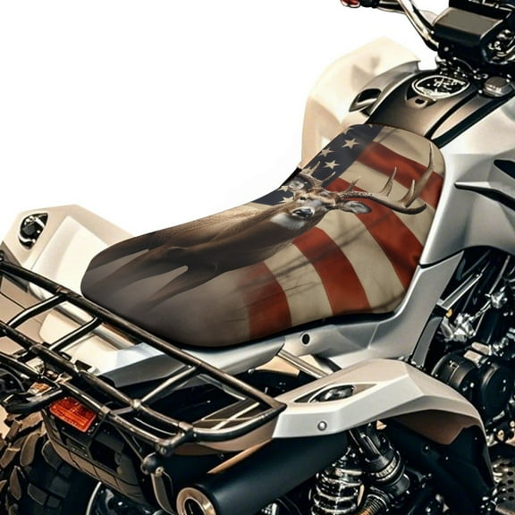 Renewold Waterproof ATV Seat Cover 25.2x10 Inch, Universal Four Wheeler Seat Cover Stretch Fit for Honda/Yamaha/Polaris, Elastic Edge Mud/Snow Protector, Heavy Duty, Deer American Flag