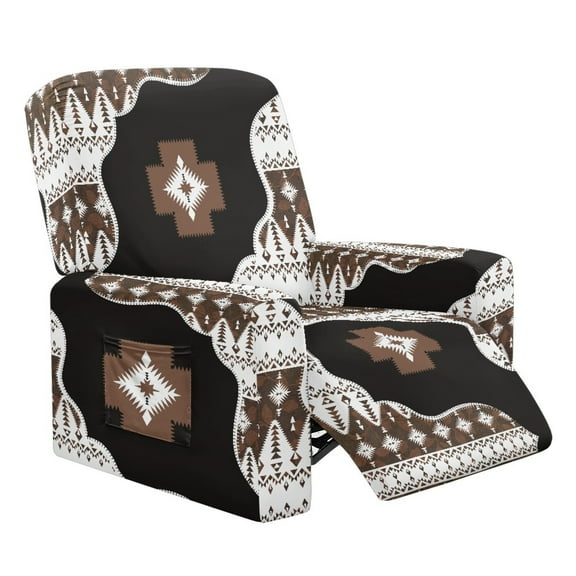 Renewold Western American Tribal Brown Black Stretch Recliner Cover Universal 4 Pieces Recliner Sofa Cover Stay in Place Furniture Protector Home Decor for Pets, Dogs, Cats, Kids