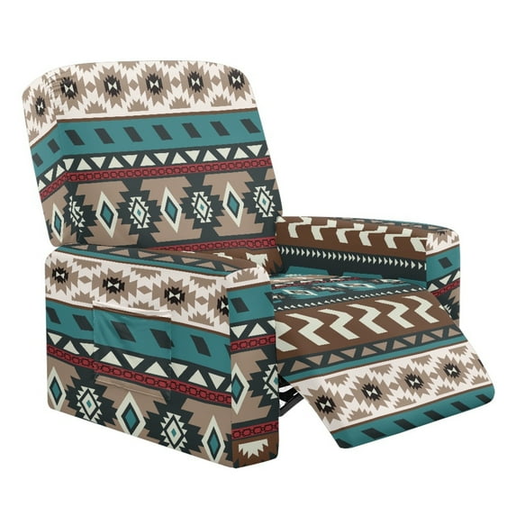 Renewold Western American Tribal Extra Large Recliner Cover Soft Thick Sofa Protector 4 Pieces Reclining Sofa Slipcover Recliner Seat Cover with Elastic Bottom and Side Pocket, Teal Red
