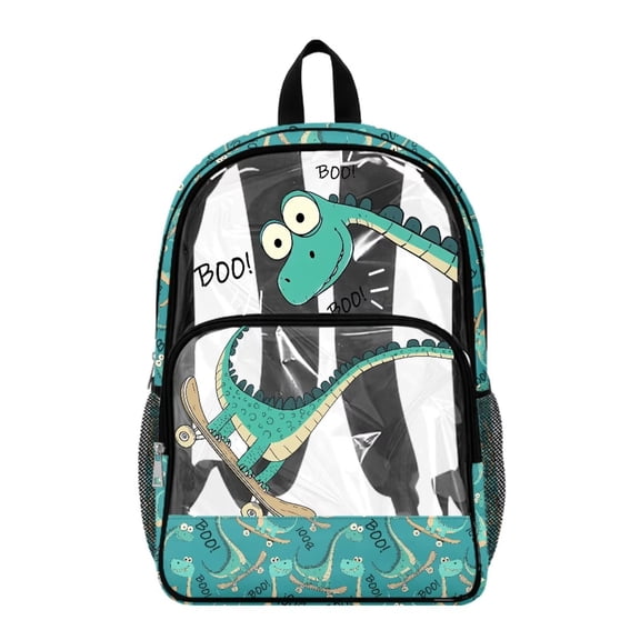 Renewold Wide Shoulder Straps Backpack Large Travel Backpack with Side Pockets Clear Bag for Security Check Sports Events Concerts Work College, Funny Dinosaur Skateboard Boo Print Green