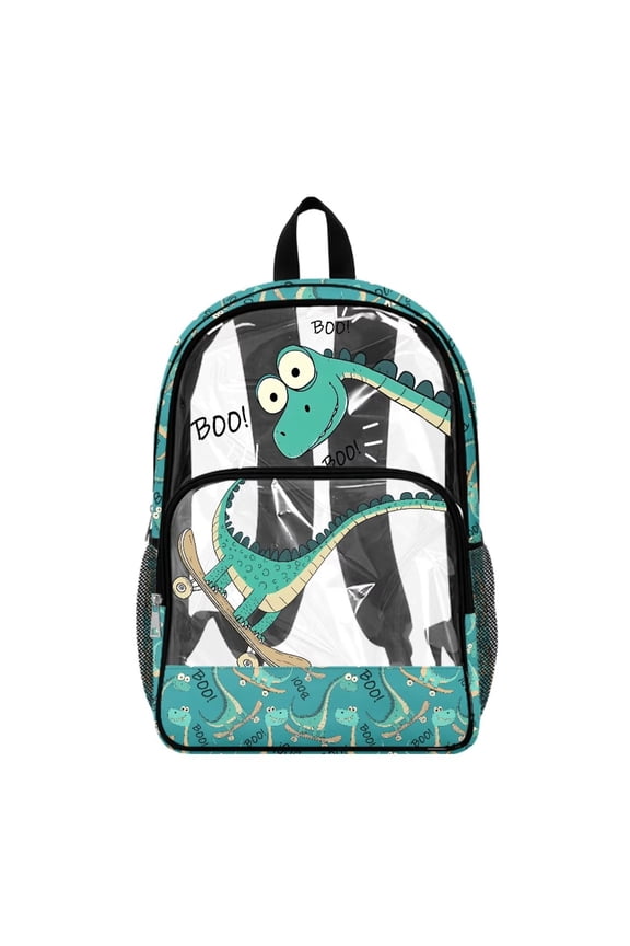 Wide Shoulder Straps Backpack Large Travel Backpack with Side Pockets Clear Bag for Security Check Sports Events Concerts Work College, Funny Dinosaur Skateboard Boo Print Green