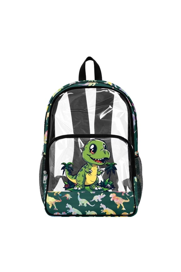 Wide Shoulder Straps Clear Backpack Adjustable Straps Clear Backpack for Kids Preschool Kindergarten Bookbag Transparent School Bag for Travel Work, Cartoon Dinosaur T-Rex Print Green