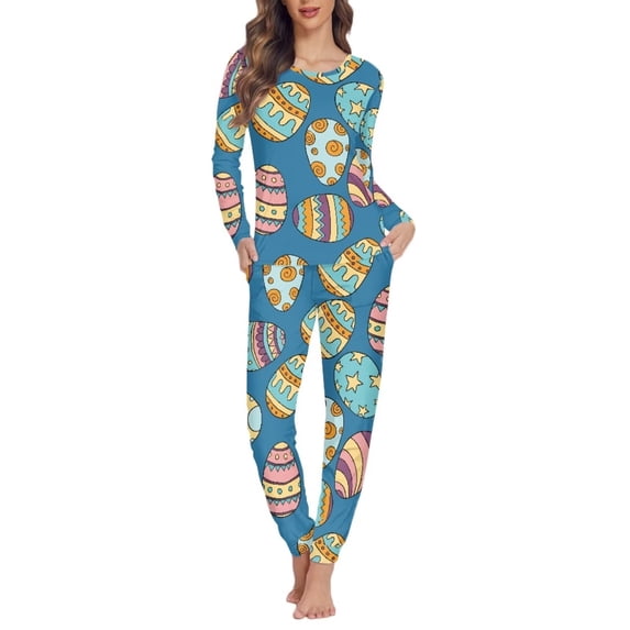 Renewold Winter Holiday Pajamas for Women 2 Pieces Thermal Easter Egg Loungewear Casual Jogger Walking Lounge Set Size 2XL Personalized Long Sleeve Nightwear