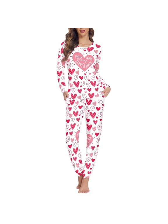 Winter Pajamas for Women 2pcs Personalized Relaxed Home Life Outfits Loungewear Size S Pink Hearts Crewneck Sleepwear Tracksuit, Valentine's Day