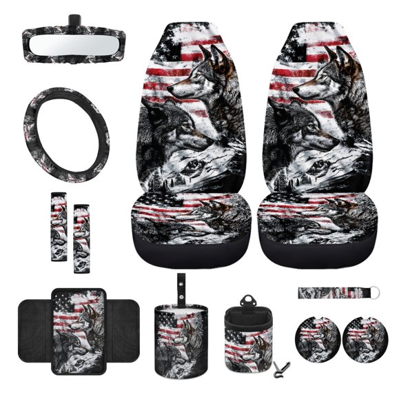 Renewold Wolf American Flag Front Car Seat Cover Full Set with Steering Wheel Cover Seat Belt Pads Center Console Pad Trash Bin Phone Holder Rearview Mirror Cover Cup Holder Key Chain, 12 Pack