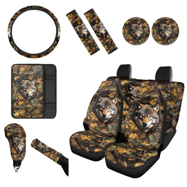 Renewold Wolf Camo Hunting Forest Car Accessories 12 PCS, Universal Car Seat Covers Steering Wheel Cover Seat Belt Pad Armrest Cover Coasters Handbrake Gear Shift Cover Universal Car Interior Decor