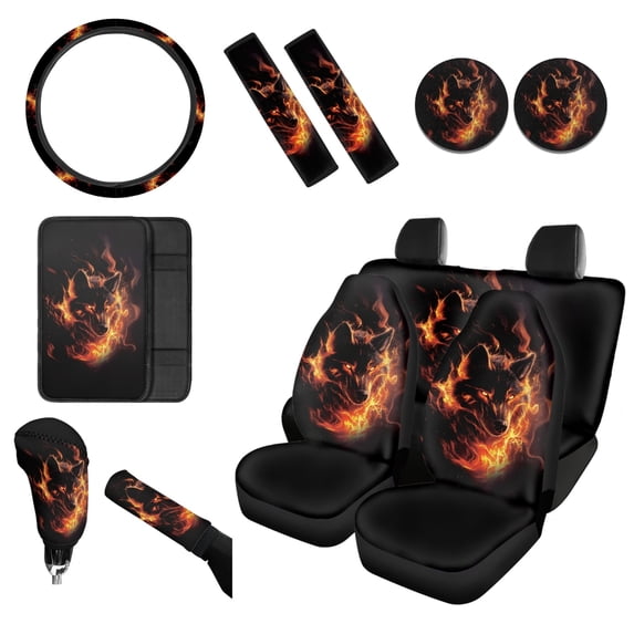 Renewold Wolf Flame Black 12 PCS Car Seat Cover Split Covers for Women, Non-slip Car Steering Wheel Cover Seatbelt Strap Shoulder Cover Coasters Armrest Pad Handbrake Cover Gear Shift Cover