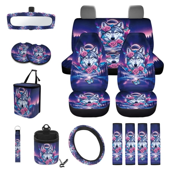 Renewold Wolf Flower Butterfly Forest Car Seat Covers Set for Front Back Seats, with Steering Wheel Rear View Mirror Cover Safe Belt Pads Coasters Garbage Can Keychain Air Vent Storage Bag, 15 PCS