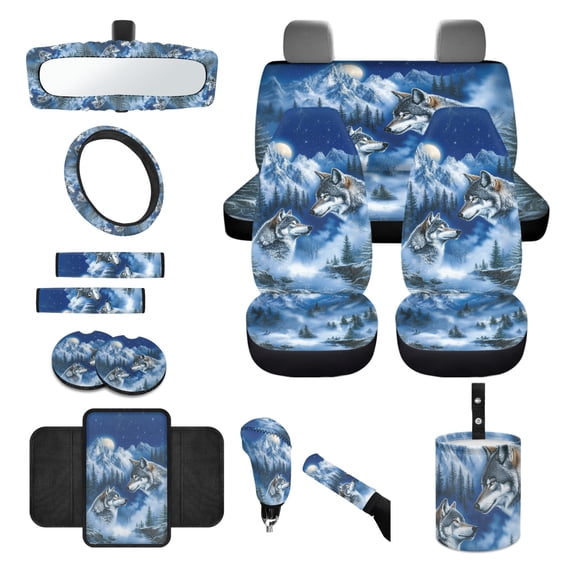 Renewold Wolf Forest Blue 14 PCS Car Seat Covers Set for Men, Auto Seat Protector with Steering Wheel Seat Belt Cover Garbage Bag Armrest Handbrake Rear View Mirror Protector Coasters
