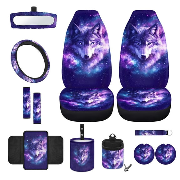 Renewold Wolf Galaxy Violet 12 PCS Car Seat Cover Set with Front Car Seat Covers Steering Wheel Cover Seat Belt Cover Trash Can Armrest Cover Rear View Mirror Cover Coaster Keychain Air Vent Bag