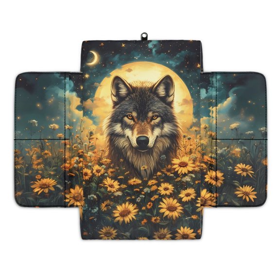 Renewold Wolf Moon Sunflower Auto Center Console Cover Armrest Seat Box Pad Protector with Side Storage Pocket Middle Console Pad Arm Rest Protective Cover Car Interior Protection