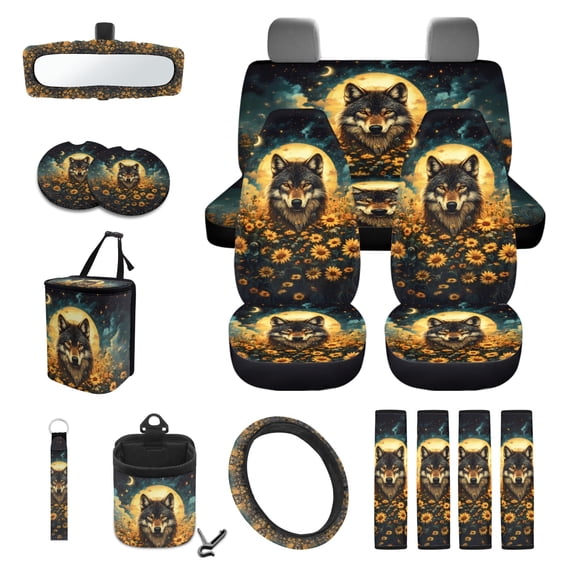 Renewold Wolf Moon Sunflower Car Seat Covers Front Back Seat Cover Full Set with Steering Wheel Cover Safe Belt Pads Coasters Garbage Can Rear View Mirror Cover Keychain Air Vent Storage Bag, 15 PCS