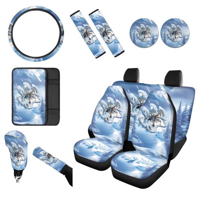 Renewold Wolf Paw Snow Forest 12 PCS Car Seat Cover Full Set with Steering Wheel Seat Belt Strap Armrest Pad Handbrake Cover Gear Shift Cover Coasters Universal Fit for Truck Vans Sedans