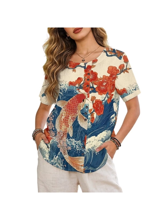 Women Blouses Casual Short Sleeve Shirt Japanese Art Style Summer Tops for Women Trendy Dressy Shirts Vacation Lounge Women’s Blouse Short Sleeve, Koi Fish Floral Wave Print, 4XL
