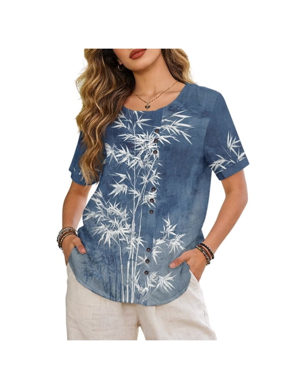 Women Blouses Plus Size Casual Short Sleeve Shirt Oriental Graphic Summer Tops for Women Fashion Dressy Shirts Beach Travel Women’s Blouse Short Sleeve, Blue Bamboo Print, 4XL